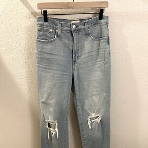 Madewell Perfect Vintage Straight Jeans with distressing at knees, SZ 28